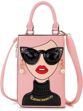 Women Pink Novelty Lady Face PU Leather Shoulder Bag Handle Satchel Clutch